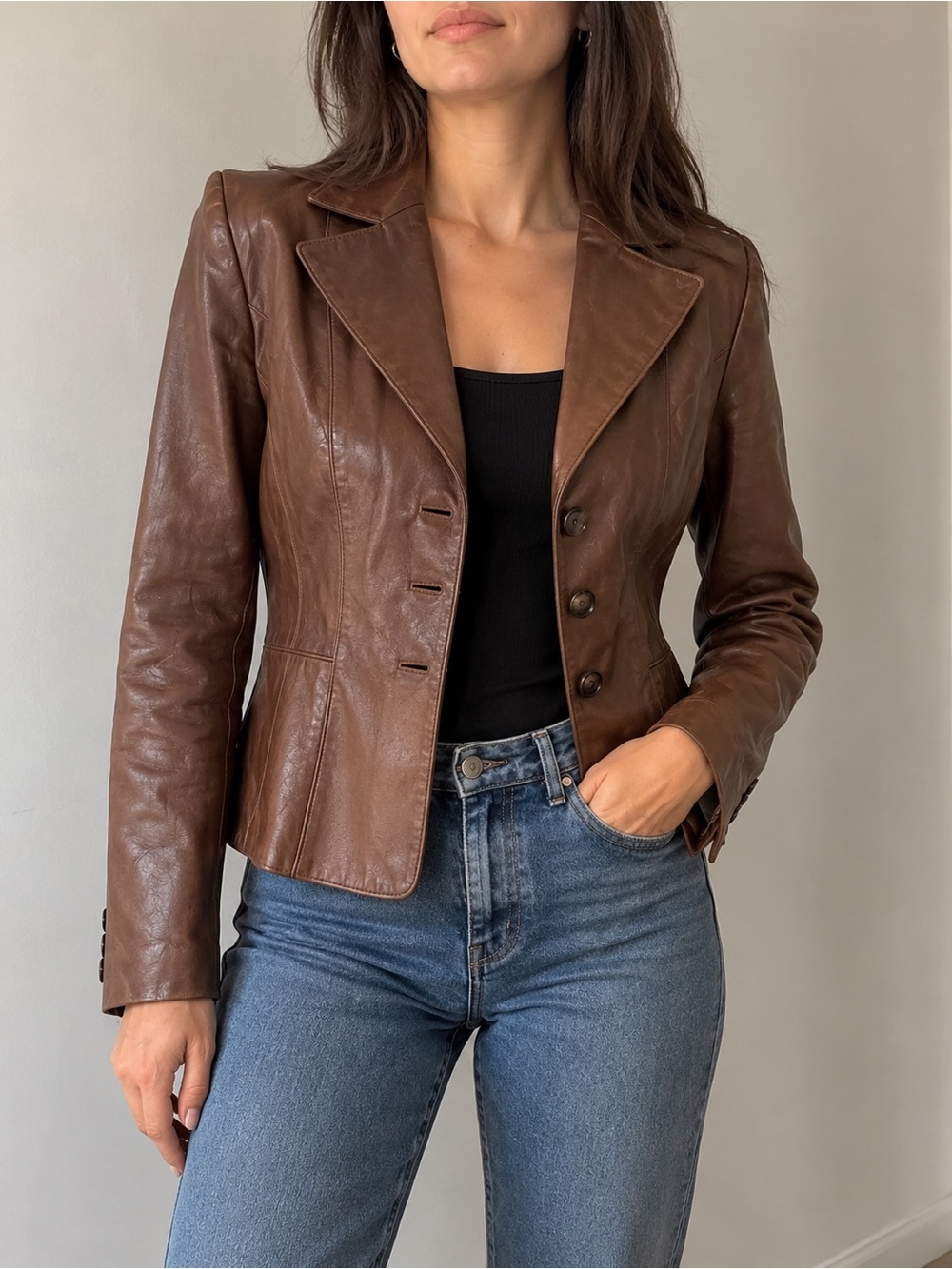Ann Taylor Genuine Leather Brown Fitted Blazer Jacket Y2K
